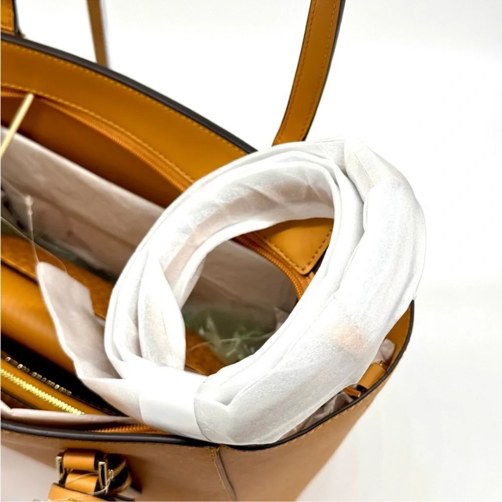 Michael Kors Charlotte LG Tote Bag 3 IN 1 Leather Tote Bag & Bifold Wallet Cider